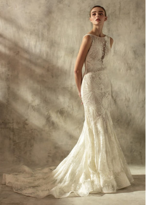 Beaded Boat Neck Ivory Lace V Back Wedding Dress
